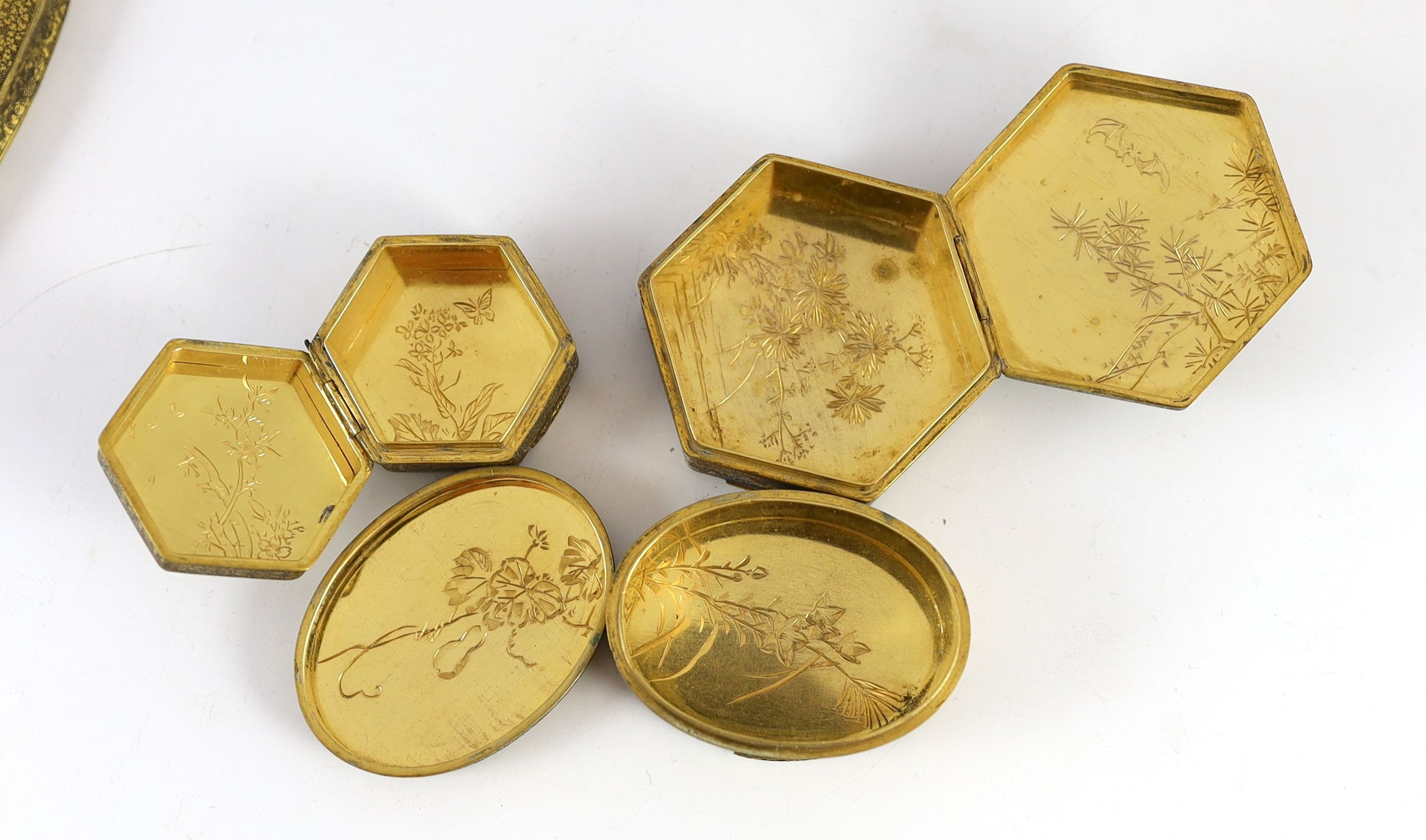 A group of Japanese damascened iron vanity items, by Fujii Yoshitoyo Damascene Co., Meiji period